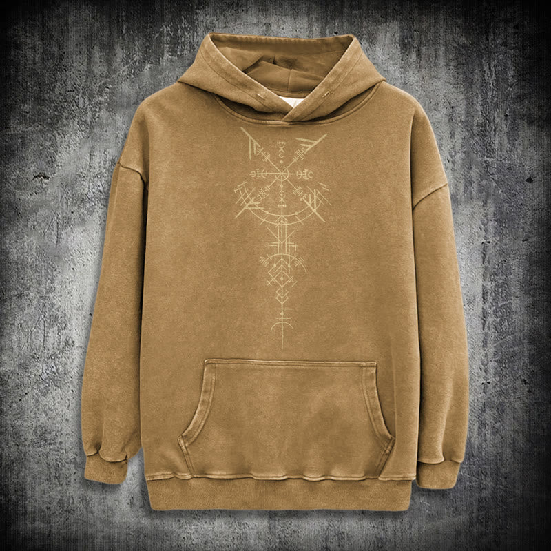 WorldNorse Gilded Rune Vegvisir Washed Hoodie - Khaki - 3XL - image 19