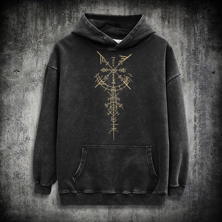 WorldNorse Gilded Rune Vegvisir Washed Hoodie - Black - 3XL - image 0