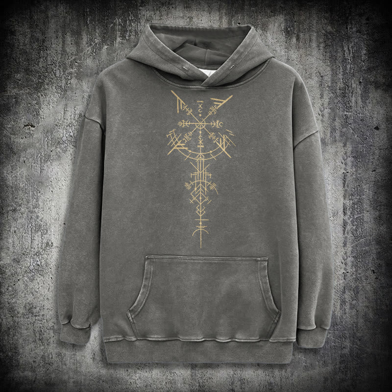 WorldNorse Gilded Rune Vegvisir Washed Hoodie - Grey - 3XL - image 12