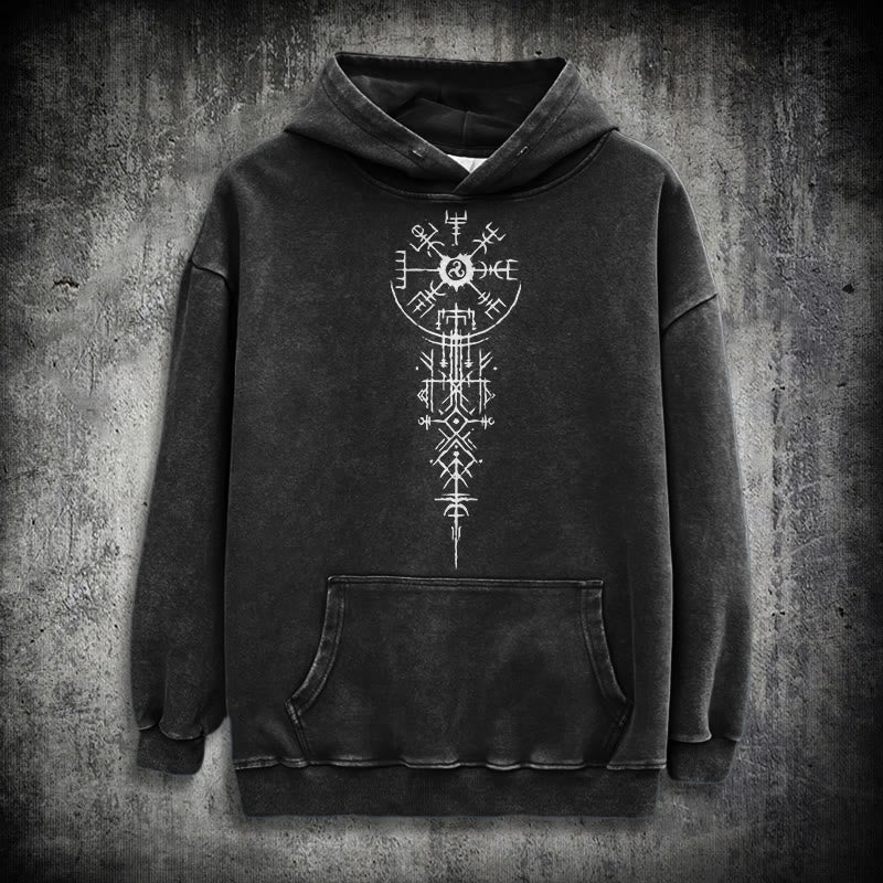 WorldNorse Ornate Rune Vegvisir Emblem Washed Hoodie - Black - 3XL - image 0