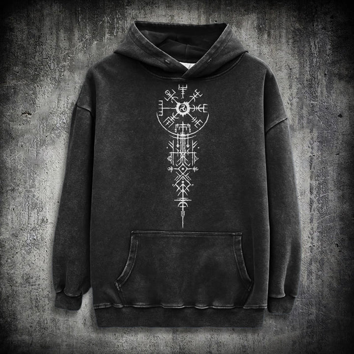 WorldNorse Ornate Rune Vegvisir Emblem Washed Hoodie - Black - 3XL - image 0