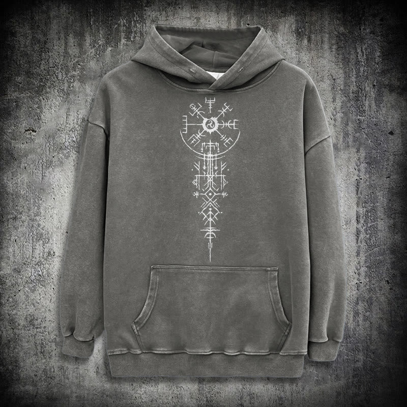 WorldNorse Ornate Rune Vegvisir Emblem Washed Hoodie - Grey - 3XL - image 12
