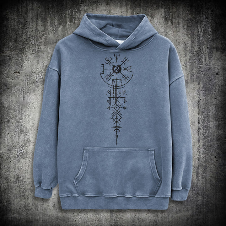 WorldNorse Ornate Rune Vegvisir Emblem Washed Hoodie - Blue - 3XL - image 15