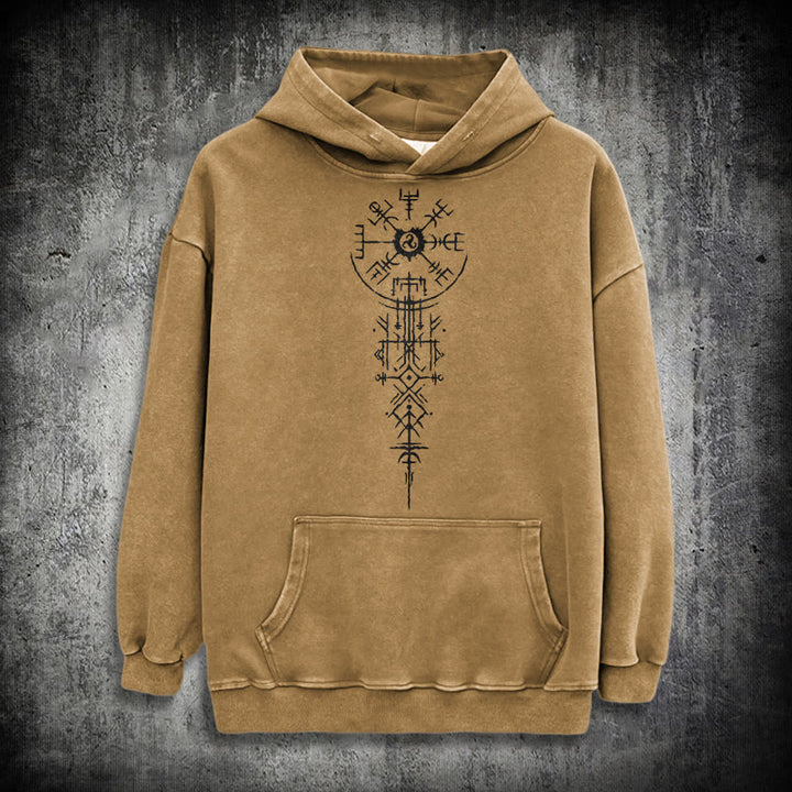 WorldNorse Ornate Rune Vegvisir Emblem Washed Hoodie - Khaki - 3XL - image 19