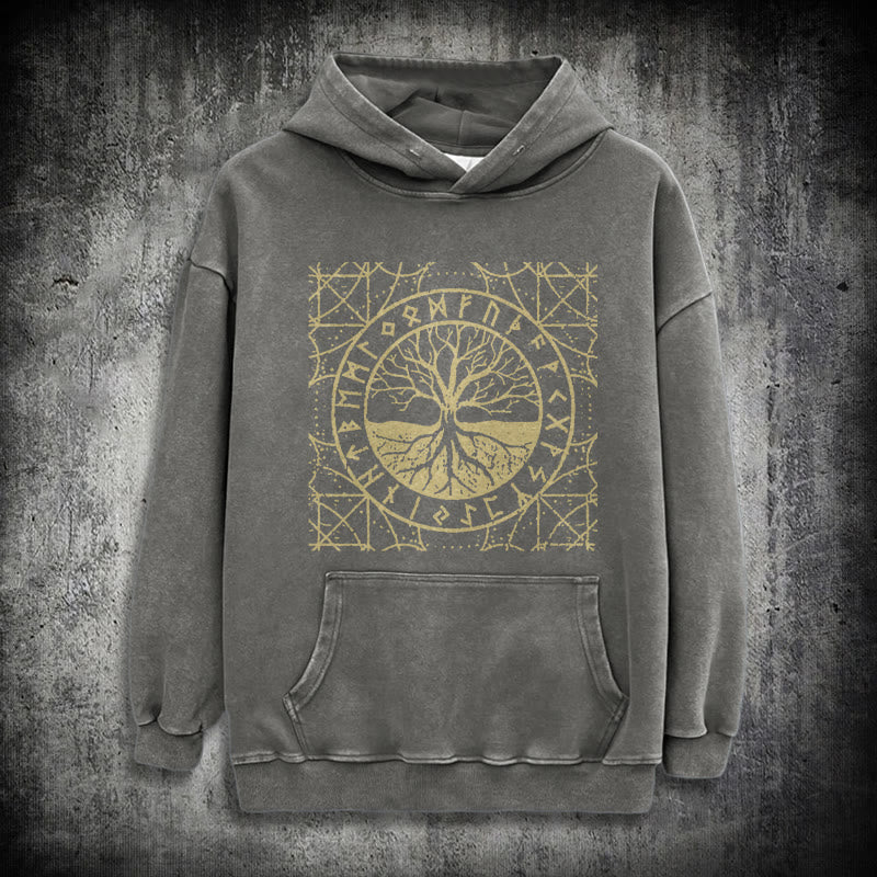 WorldNorse Golden Rune Yggdrasil Washed Hoodie - Grey - 3XL - image 12