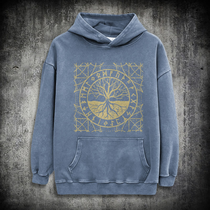 WorldNorse Golden Rune Yggdrasil Washed Hoodie - Blue - 3XL - image 15