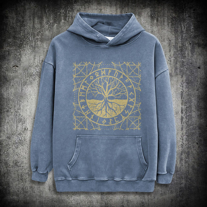 WorldNorse Golden Rune Yggdrasil Washed Hoodie - Blue - 3XL - image 15
