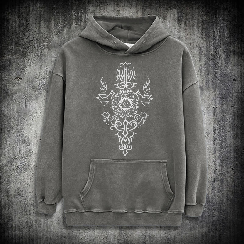 WorldNorse Valknut Flame Emblem Washed Hoodie - Grey - 3XL - image 12