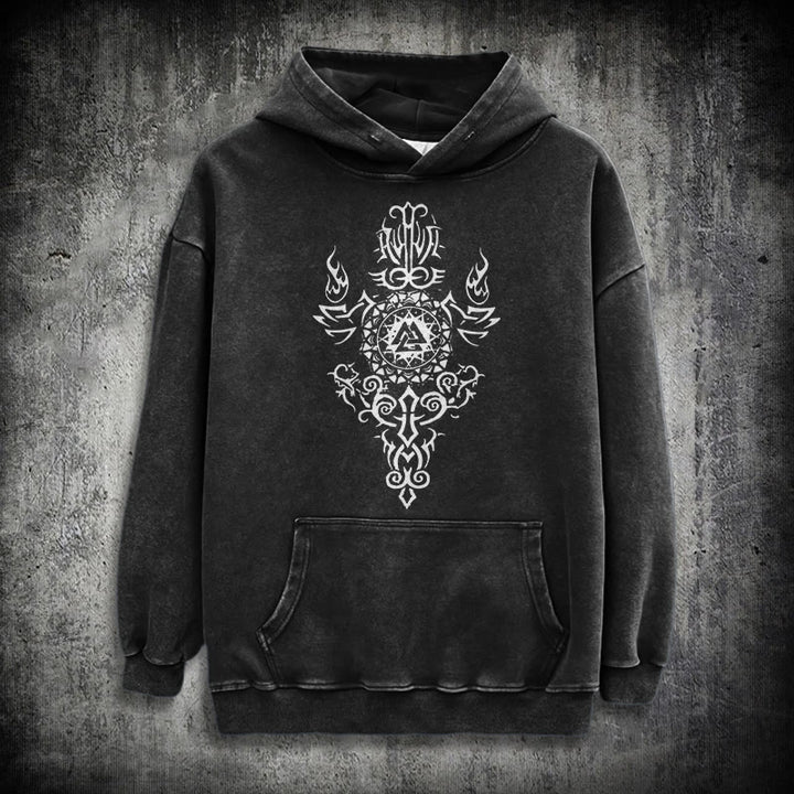 WorldNorse Valknut Flame Emblem Washed Hoodie - Black - 3XL - image 0
