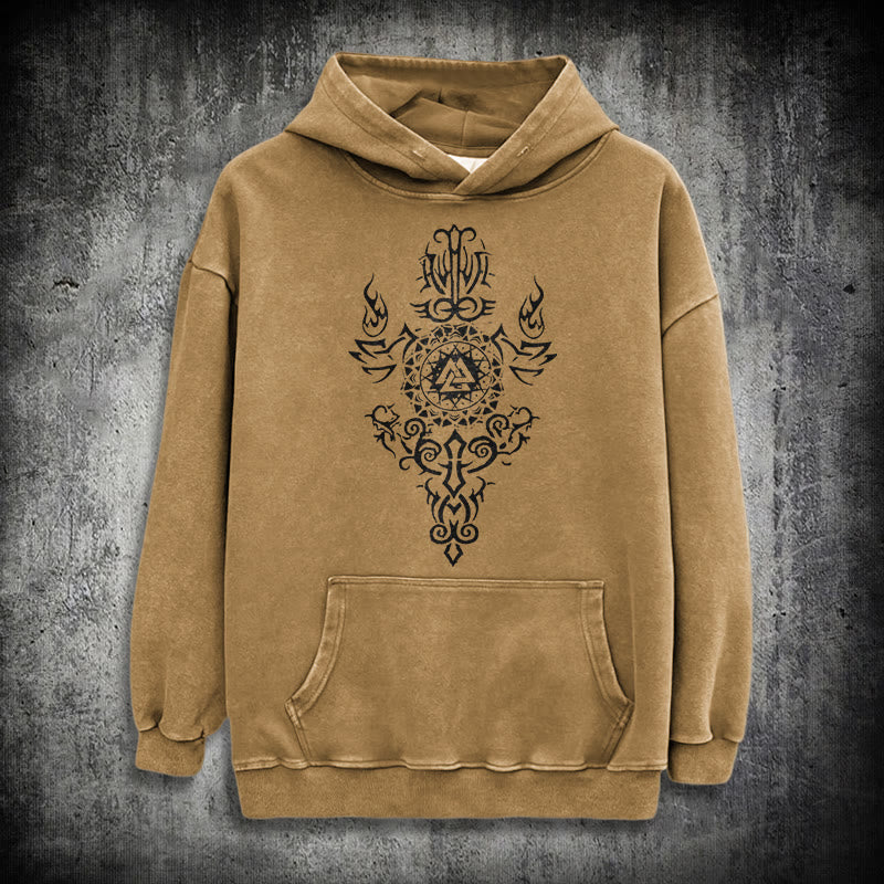 WorldNorse Valknut Flame Emblem Washed Hoodie - Khaki - 3XL - image 19