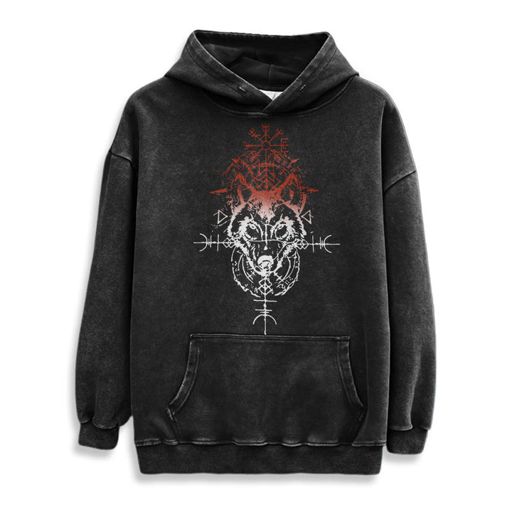 WorldNorse Red Rune Wolf Vegvisir Washed Hoodie - image 2