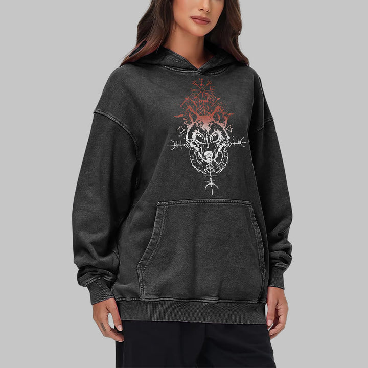 WorldNorse Red Rune Wolf Vegvisir Washed Hoodie - image 8
