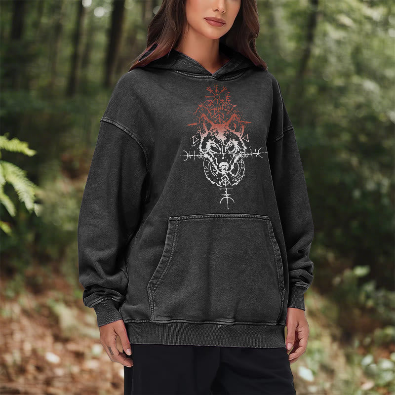WorldNorse Red Rune Wolf Vegvisir Washed Hoodie - image 10
