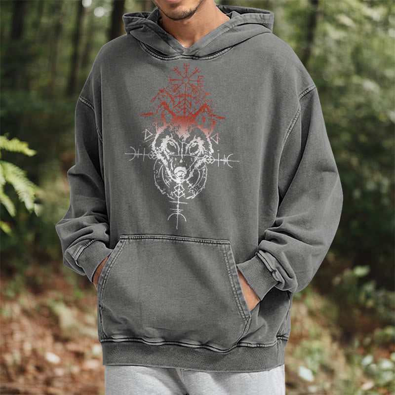 WorldNorse Red Rune Wolf Vegvisir Washed Hoodie - image 14