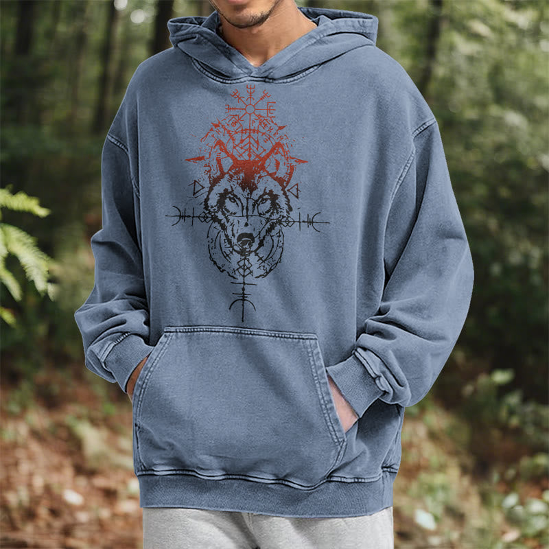 WorldNorse Red Rune Wolf Vegvisir Washed Hoodie - image 17