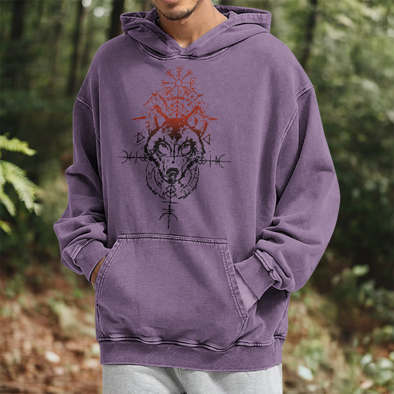 WorldNorse Red Rune Wolf Vegvisir Washed Hoodie - image 25