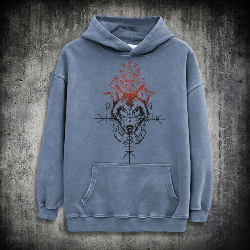WorldNorse Red Rune Wolf Vegvisir Washed Hoodie - Blue - 3XL - image 15