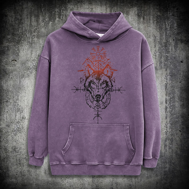 WorldNorse Red Rune Wolf Vegvisir Washed Hoodie - Purple - 3XL - image 23