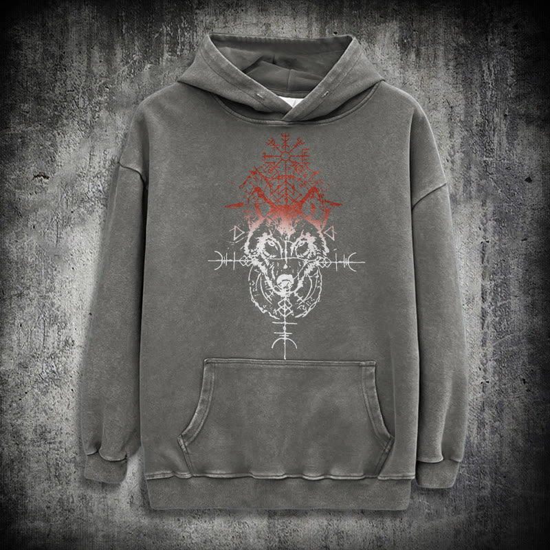WorldNorse Red Rune Wolf Vegvisir Washed Hoodie - Grey - 3XL - image 12