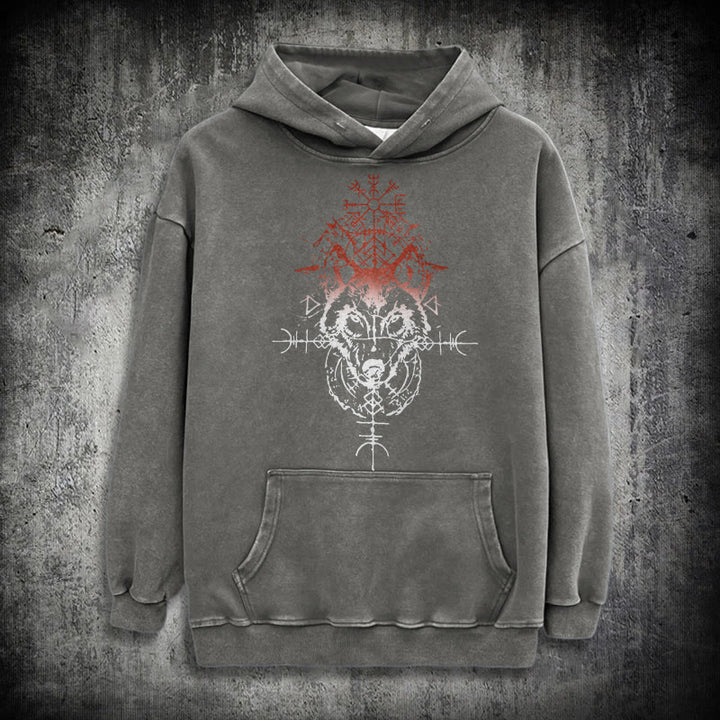 WorldNorse Red Rune Wolf Vegvisir Washed Hoodie - Grey - 3XL - image 12