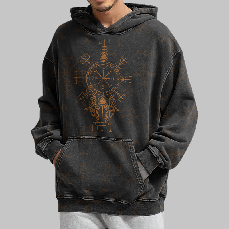 WorldNorse Bronze Rune Vegvisir Raven Washed Hoodie - image 4