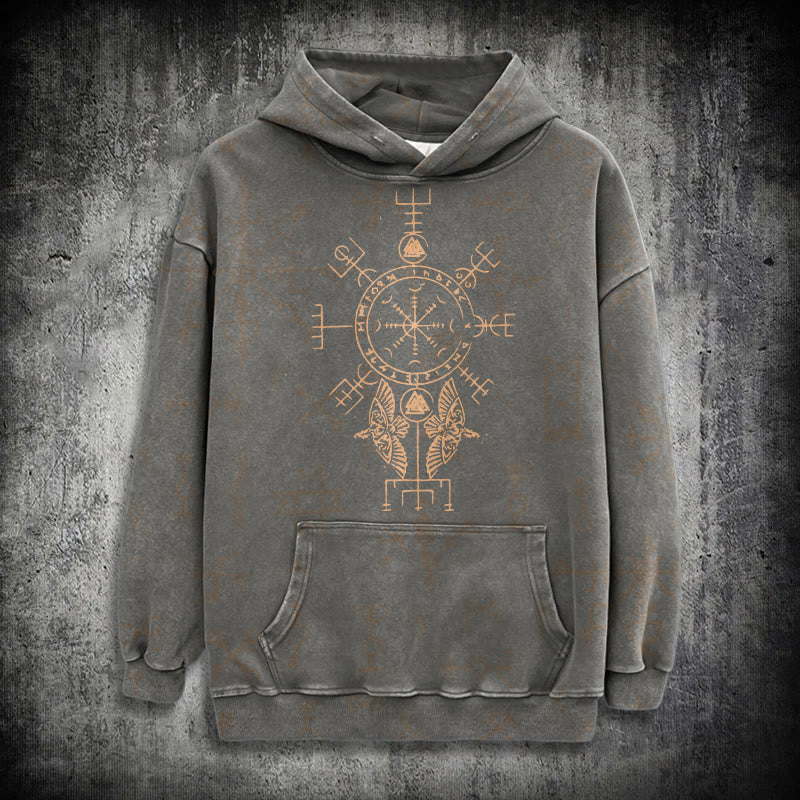 WorldNorse Bronze Rune Vegvisir Raven Washed Hoodie - Grey - 3XL - image 12