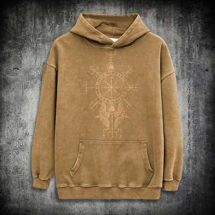 WorldNorse Bronze Rune Vegvisir Raven Washed Hoodie - Khaki - 3XL - image 19