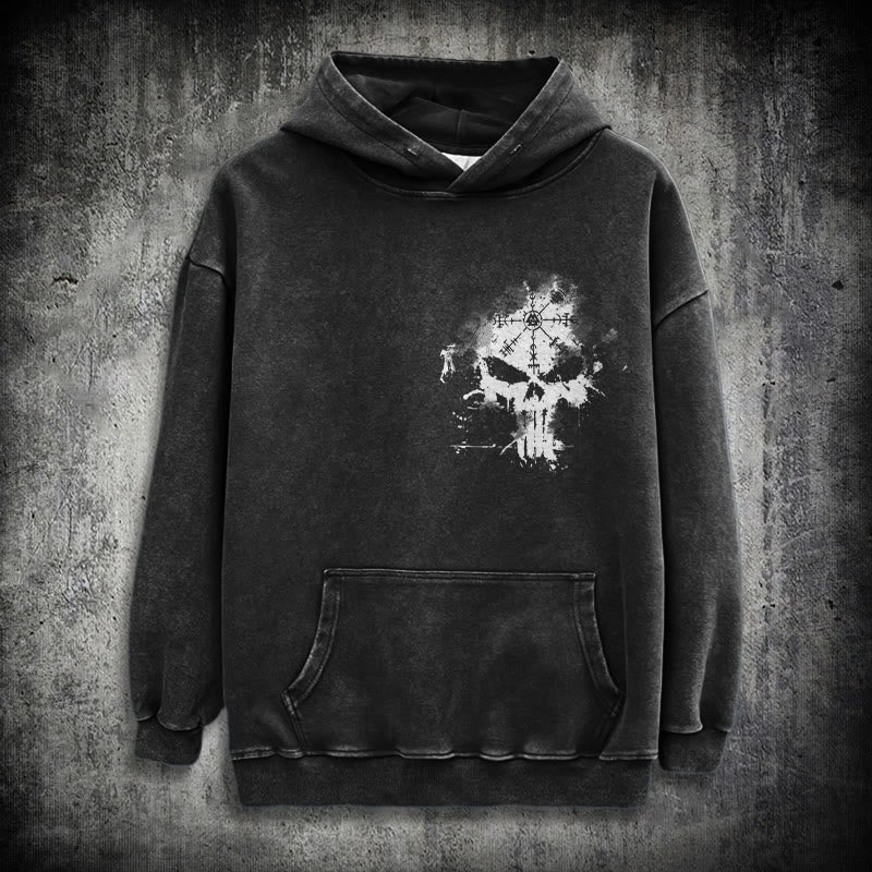 WorldNorse Vegvisir Skull Splatter Washed Hoodie - Black - 3XL - image 0