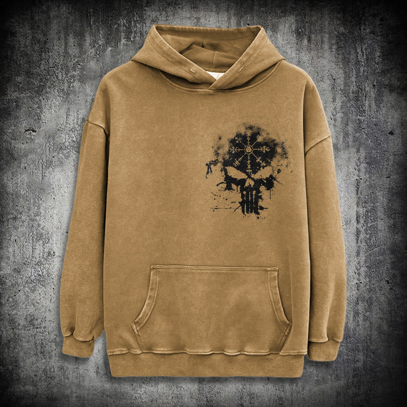 WorldNorse Vegvisir Skull Splatter Washed Hoodie - Khaki - 3XL - image 19