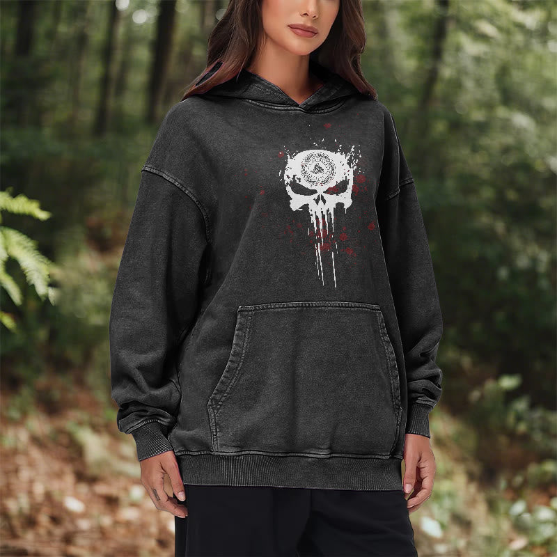 WorldNorse Rune Skull Blood Drip Washed Hoodie - image 10
