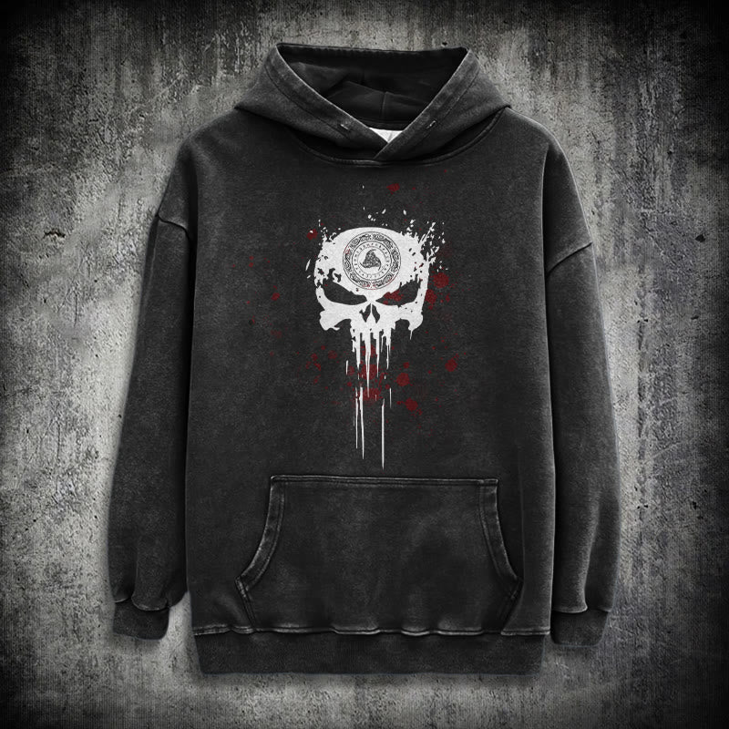 WorldNorse Rune Skull Blood Drip Washed Hoodie - Black - 3XL - image 0