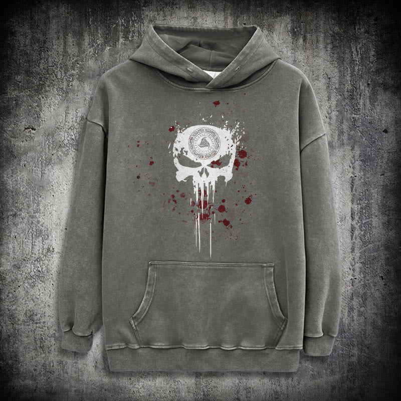 WorldNorse Rune Skull Blood Drip Washed Hoodie - Grey - 3XL - image 12