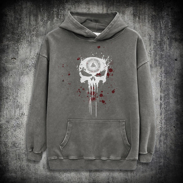 WorldNorse Rune Skull Blood Drip Washed Hoodie - Grey - 3XL - image 12