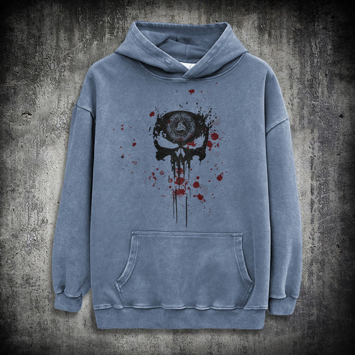 WorldNorse Rune Skull Blood Drip Washed Hoodie - Blue - 3XL - image 15