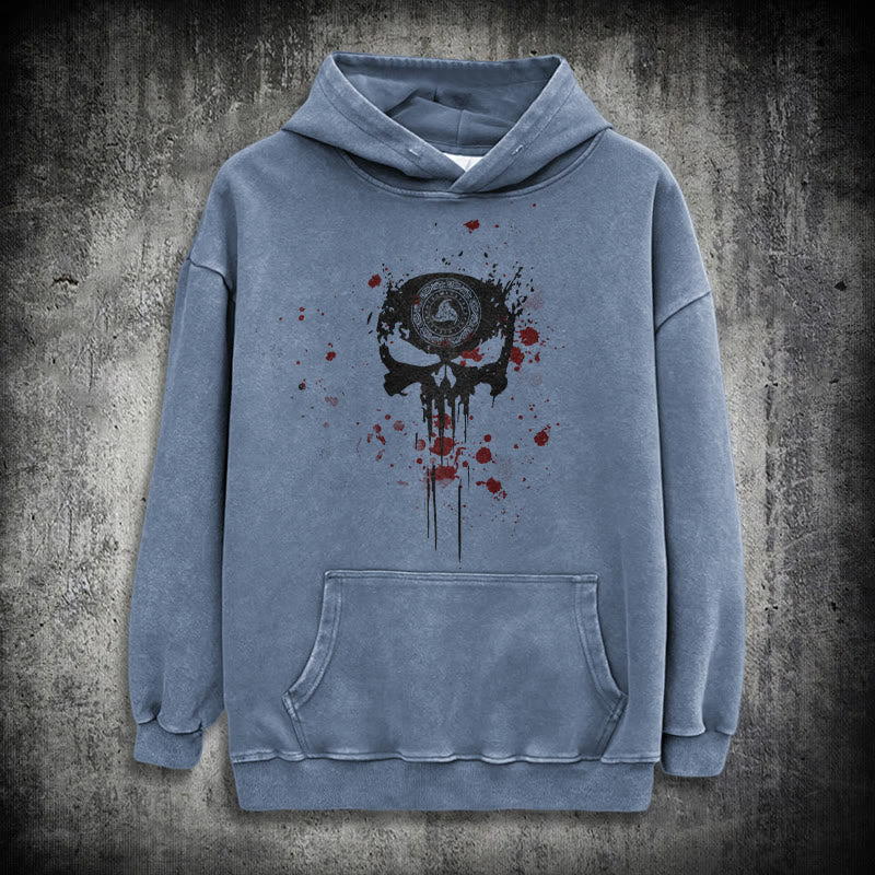 WorldNorse Rune Skull Blood Drip Washed Hoodie - Blue - 3XL - image 15