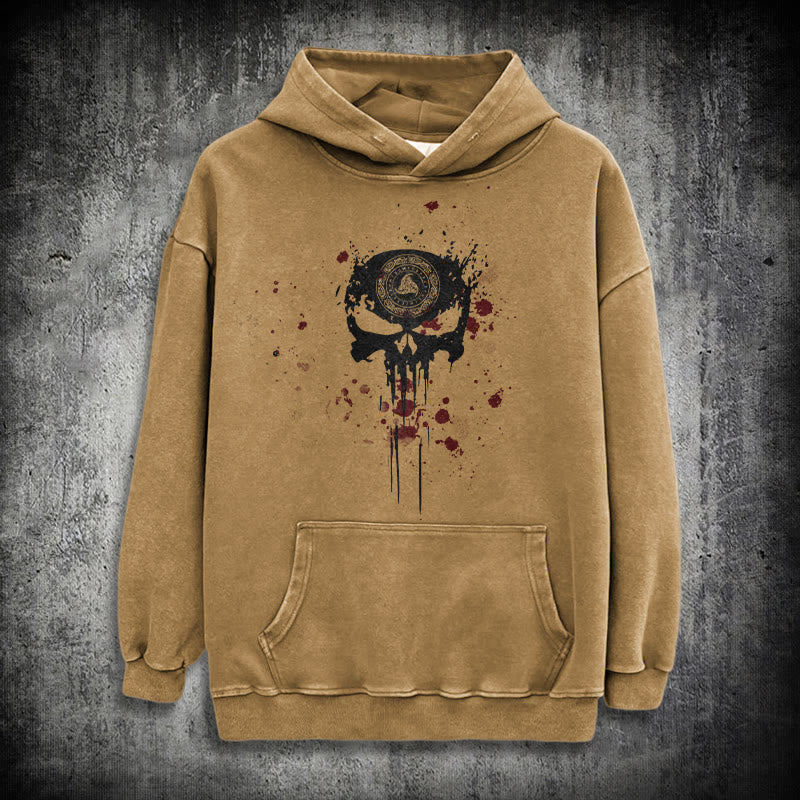 WorldNorse Rune Skull Blood Drip Washed Hoodie - Khaki - 3XL - image 19