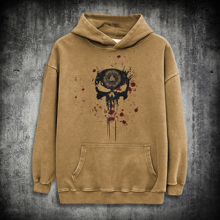 WorldNorse Rune Skull Blood Drip Washed Hoodie - Khaki - 3XL - image 19