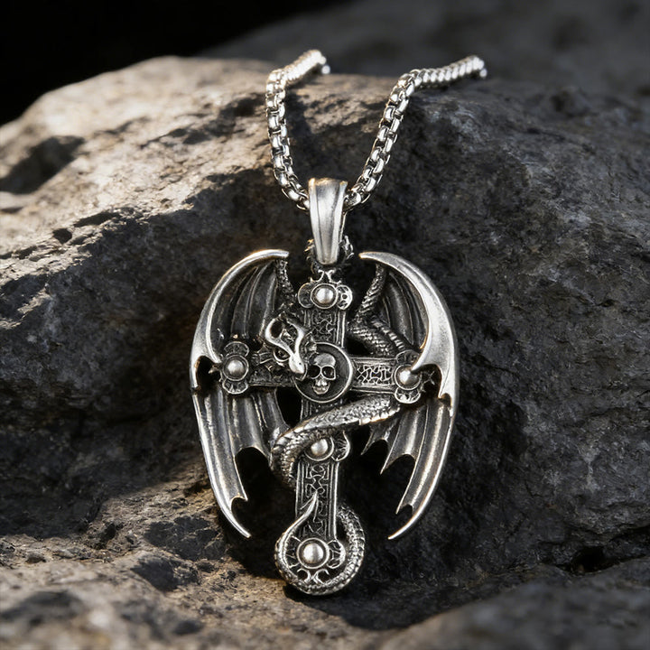 WorldNorse Winged Dragon Skull Cross Necklace - Flying Dragon - image 0