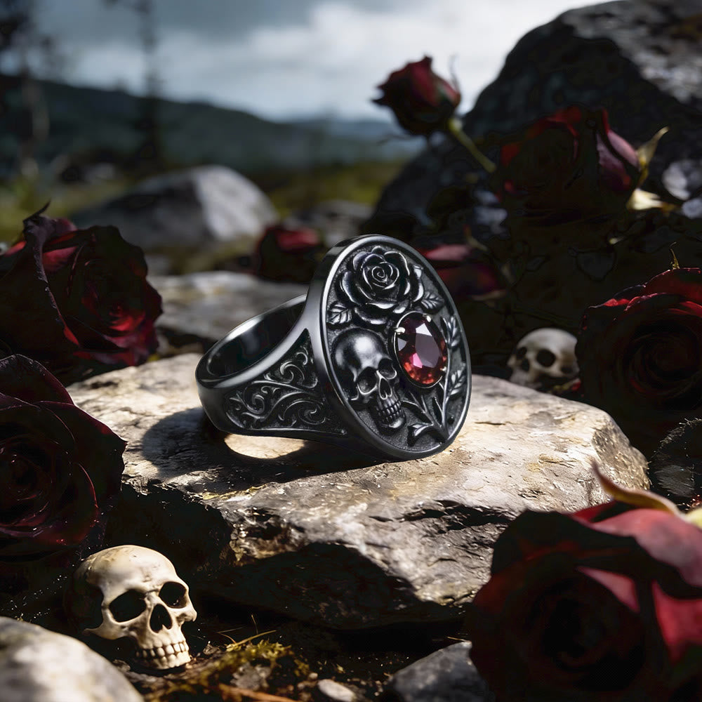 FREE Today: Romantic Rose Skull Garnet Signet Ring - US 10 - image 0
