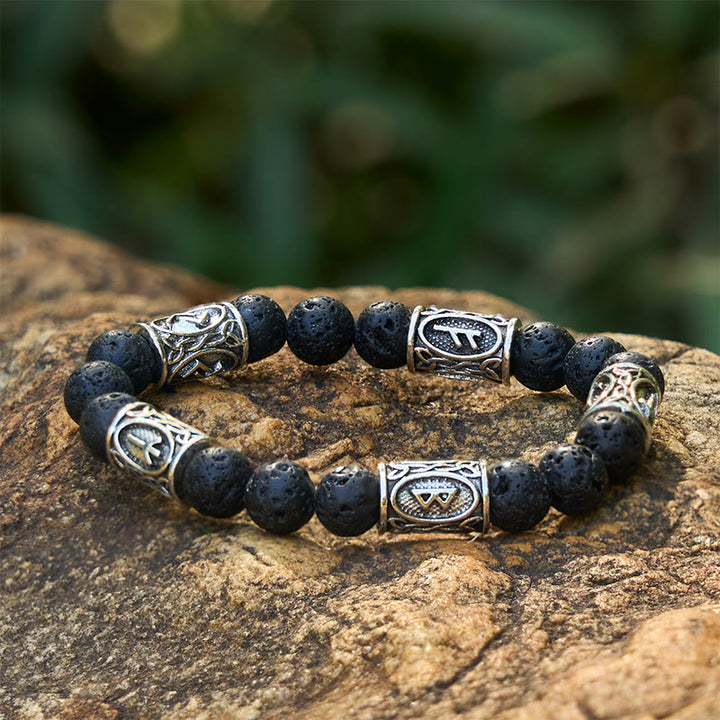 WorldNorse Rune Lava Rock Beaded Bracelet - Lava Stone#Silver - image 1