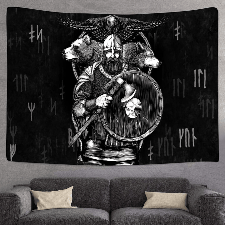 WorldNorse Viking Warden Bear Wolf Raven Rune Tapestry - image 3