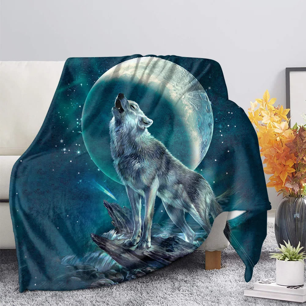 WorldNorse Pale Wolf Woodland Moon Howl Blanket - Azure Wolf - 264x228cm - image 1