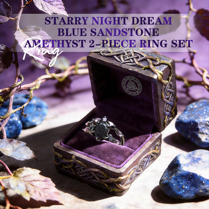 WorldNorse Starry Night Dream Blue Sandstone Amethyst 2-Piece Ring Set - image 3