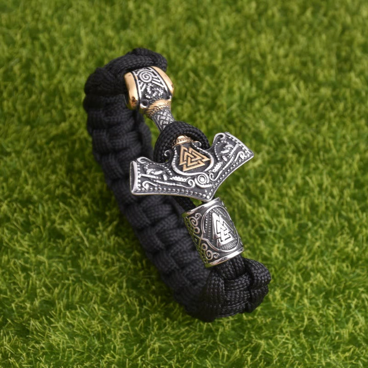 WorldNorse Engraved Mjolnir Valknut Braided Bracelet - Silver & Gold - 23cm - image 0