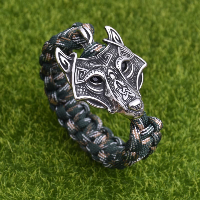 WorldNorse Engraved Fenrir Mask Braided Bracelet - Camouflage Green - 23cm - image 6
