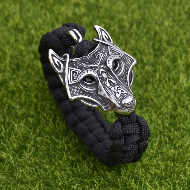 WorldNorse Engraved Fenrir Mask Braided Bracelet - Black - 23cm - image 0