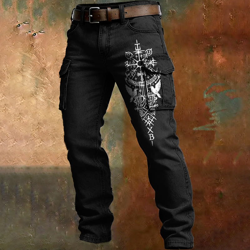 WorldNorse Norse Huginn Muninn Graphic Cargo Pants - Black - US/UK/AU50，EU60 (5XL) - image 0
