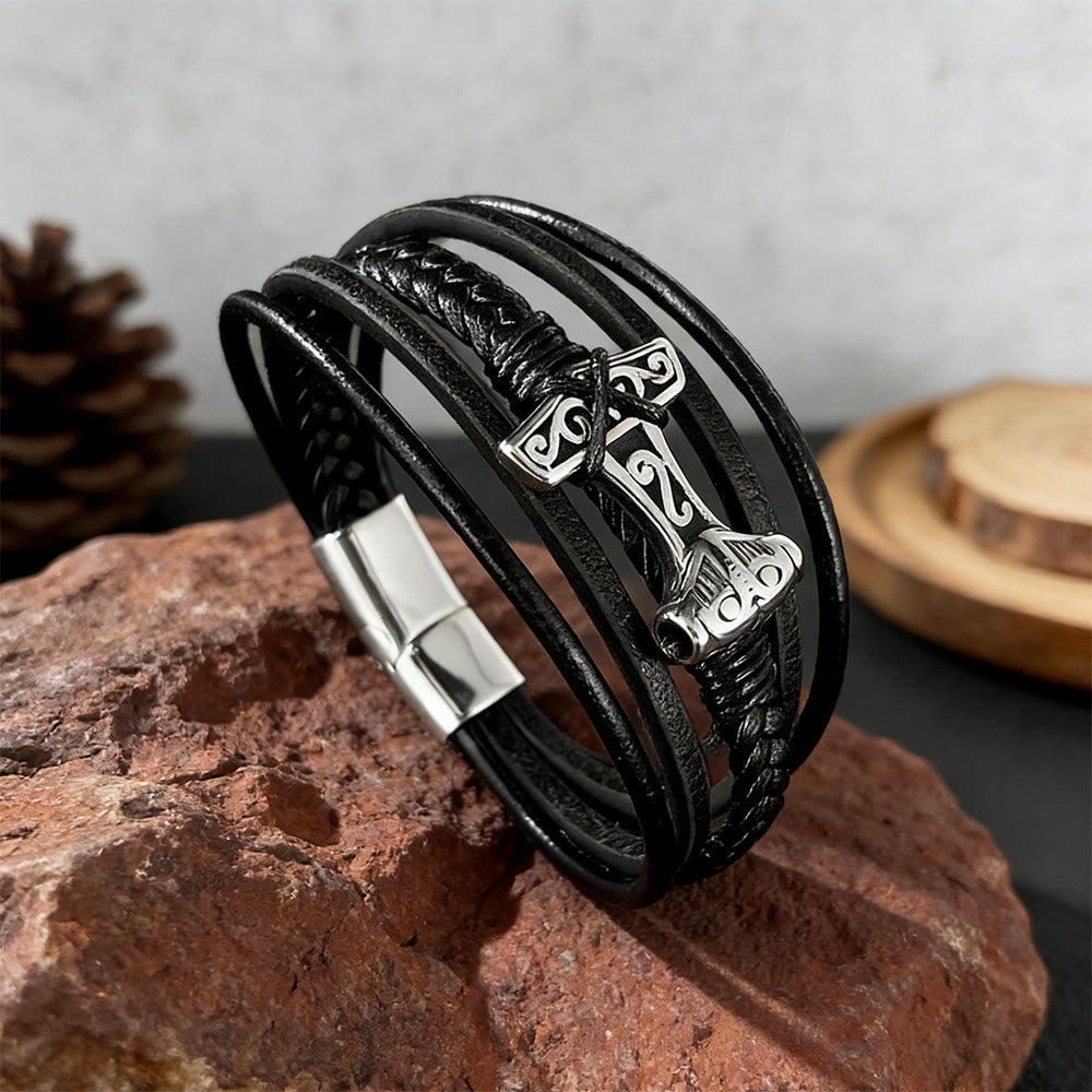 WorldNorse Mjolnir Leather Braided Bracelet - Mjolnir - image 0