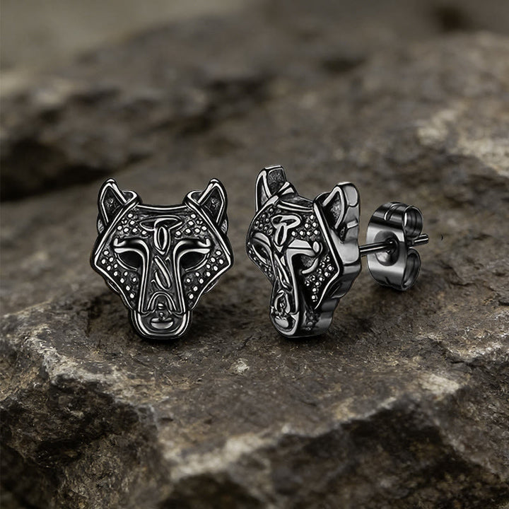 WorldNorse Viking Wolf Head Engraved Stud Earrings - Black - image 0