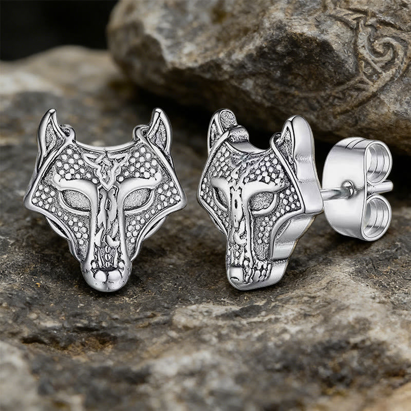 WorldNorse Viking Wolf Head Engraved Stud Earrings - Silver - image 3